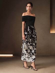 Anewsta Women's Elegant Mid-Length 3D Embroidered Off-Shoulder Dress, Black And White Cocktail Dress For Party, Wedding Guest Wear - Black - View 5