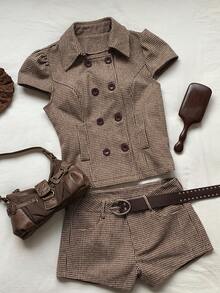 Comfortcana Jaket Trench Coat Kasual Kancing Ganda Motif Houndstooth untuk Wanita - MultiWarna - View 3