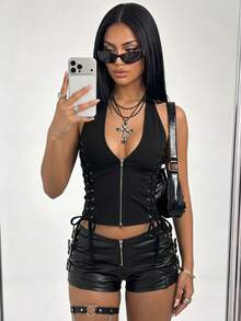SHEIN ICON 女款夏季時尚交叉細肩帶露背掛脖上衣 - 黑色 - 查看 11