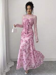 Modelyn French Design Lace Patchwork Bow Women's Long Dress - Dusty Pink - View 7