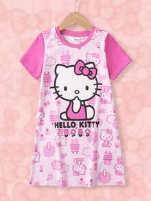 HELLO KITTY AND FRIENDS | SHEIN Young Girl Cartoon Cat Print Contrast Color Sweet Sleep Dress - Pink - View 1