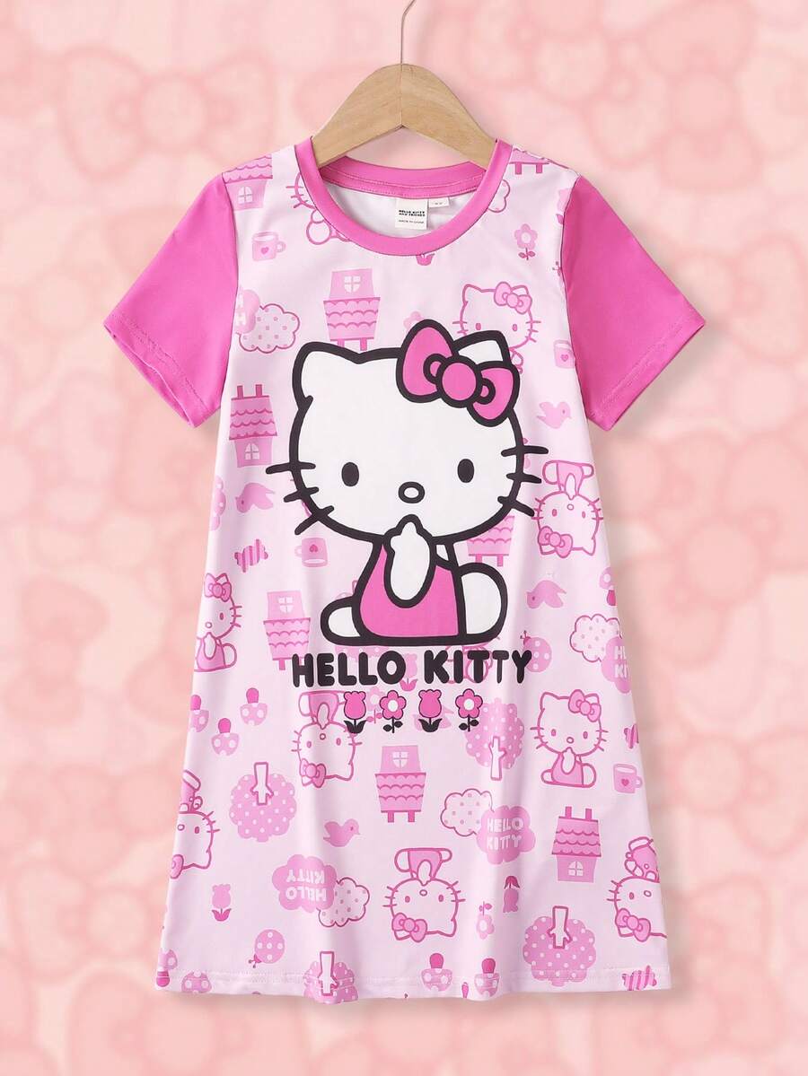 HELLO KITTY AND FRIENDS | SHEIN Young Girl Cartoon Cat Print Contrast Color Sweet Sleep Dress - Pink - View 1
