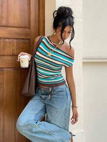 Siren Gaze Summer Striped Off-Shoulder Knit Top - Multicolor - View 6