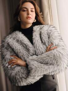Anewsta Autumn/Winter Elegant Black & White Gradient Faux Fur Coat, Long Hair Waist-Exposing Design, Sophisticated Top - Black and White - View 1