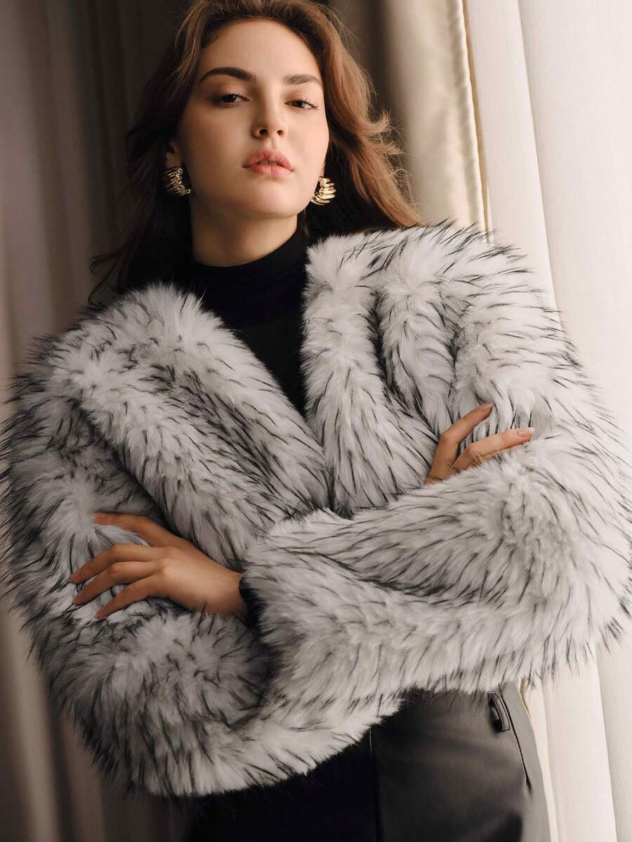 Anewsta Autumn/Winter Elegant Black & White Gradient Faux Fur Coat, Long Hair Waist-Exposing Design, Sophisticated Top - Black and White - View 1