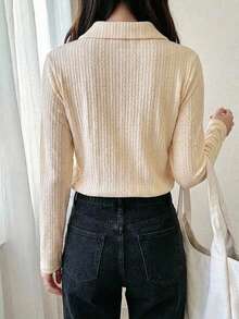 FRIFUL 女款杏色基礎款刺繡 Polo 領 T 恤，翻領短袖夏季上衣，可愛上衣長袖上衣 - 杏色 - 查看 2