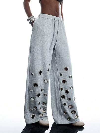 LYSMO Women's Sexy Fashion Eyelet Drawstring Waist Pocket Long Pants