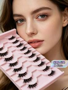 False Eyelashes Strip, 10 Pairs Of Crossed & Fluffy & Curly Half Eye Lashes With Invisible Stem, 3d Synthetic Mink Fur Handmade Extension 7-10mm, Great For Women's Party Makeup Strip Lashes,Lashes,Eyelashes,Fake Lashes - Multicolor - View 1