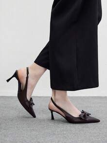 CUCCOO BIZCHIC 女款立體蝴蝶結V型側開口後綁帶尖頭細高跟slingback涼鞋，復古美拉德風高跟鞋，秋季 - 深咖色 - 查看 3