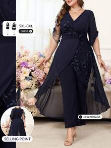 SHEIN CURVE+ 大尺碼刺繡時尚精緻 3D 花卉裝飾寬鬆連身褲 - 藏蓝色 - 查看 6