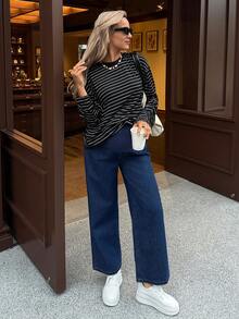 SHEIN 孕婦高腰休閒百搭寬腿牛仔褲 秋冬休閒正式 Y2K 商務鄉村風可愛牛仔女郎復古返校風 - 藍色 - 查看 4