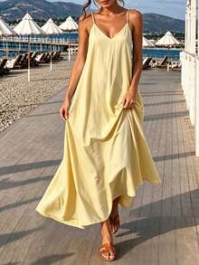 Cévolie Women's Casual Backless Spaghetti Strap Dress For Vacation - Light Yellow - View 3