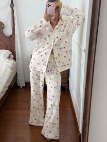 DAZY Winter Cute Bow & Bear Pattern All-Over Print Plush Women's Pajama Set Fall - Blue - View 6