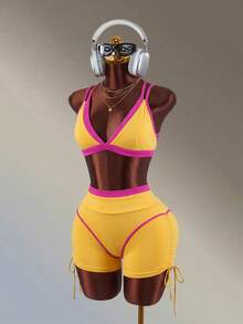 Amplova Women's Color Block Casual Daily Outing Gym Sports Yellow And Pink Color-Blocking Sexy Sport Bar And Side Drawstring Athletic Shorts Workout Backless - Pink - View 6
