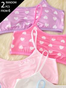 2pcs Random Assorted Colors Sweet Heart Minimalist Basic Mori Style Camisole Tank Top With Padded Chest And Ruched Design, Comfortable Soft For Girls - Multicolor - View 5