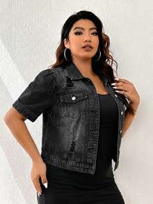 Firerie Plus Size Distressed Short Sleeve Denim Jacket - Black - View 6