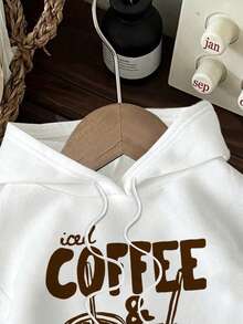 SHEIN EZwear 休閒極簡風棕色與白色波點標語插圖印花連帽長袖寬鬆女款厚款衛衣，適合秋季日常穿搭 - 白色 - 查看 3
