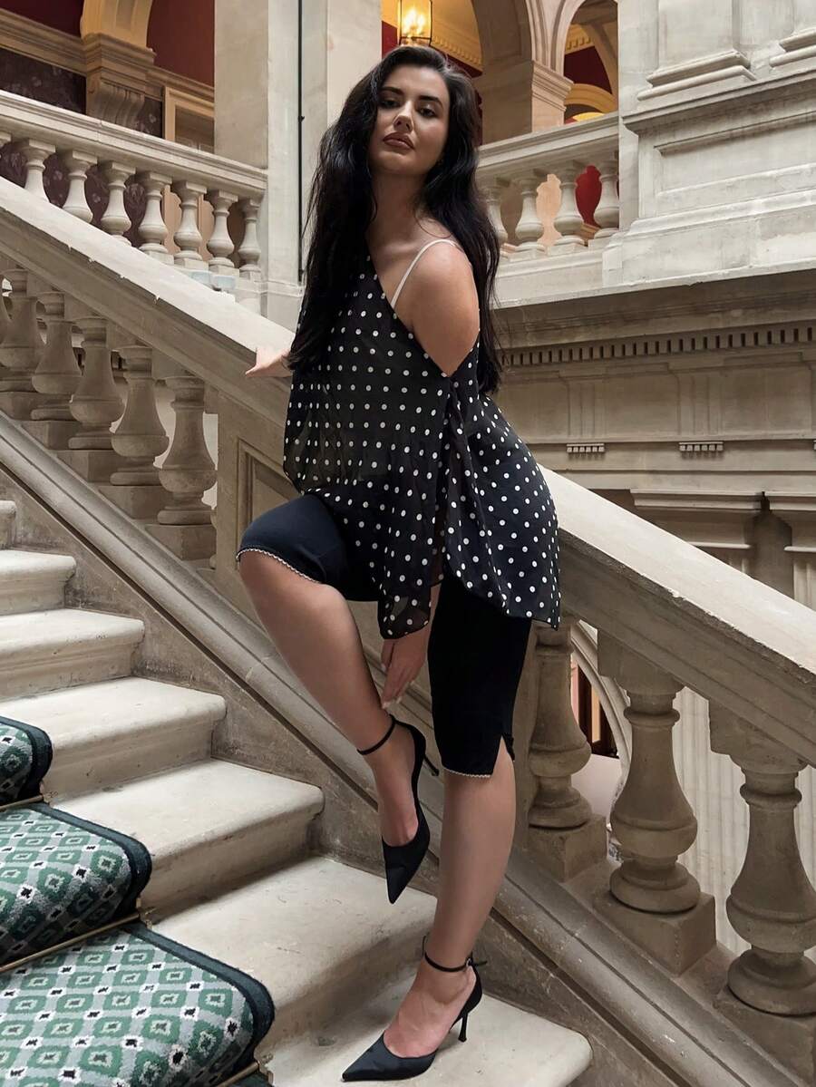 kyraskinnerx Black Polka Dot Asymmetric Shoulder Mesh Blouse For Women, Spring/Summer Polkadot Top Women Summer Blouse Top Short Sleeve Top Top Summer Vacation - Black - View 1