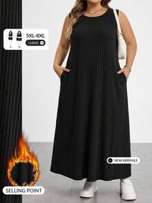 SHEIN CURVE+ 大尺碼女款寬鬆無袖黑色羅紋長洋裝，附口袋 - 黑色 - 查看 7