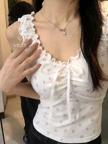 FRIFUL Women's Summer Casual Vacation Ditsy Floral V-Neck Frill Bow Decor Ruched Bust Fitted Tank Top - White - View 1