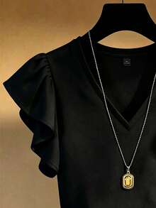 EMERY ROSE Camiseta de manga corta con cuello en V y ribete de volantes, elegante estilo francés, talla grande, corte ceñido - Multicolor - Ver 3