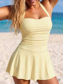 Swim Lushoire Plus Size Women 2-Piece Solid Color Elegant Casual Swim Skirt Swimsuit - Yellow - View 5
