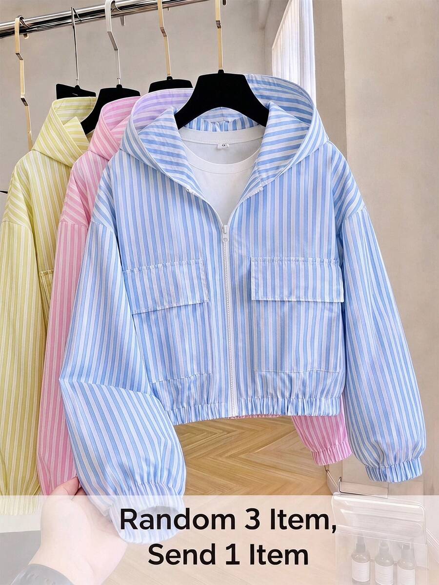 Jaket Pendek Berkerudung Lengan Panjang Motif Garis Vertikal Biru Putih Segar untuk Anak Perempuan Remaja, Potongan Longgar, Musim Gugur, Kembali ke Sekolah, Kasual Lucu Gaya Preppy, Crop Top, Pelajar - Biru - View 1