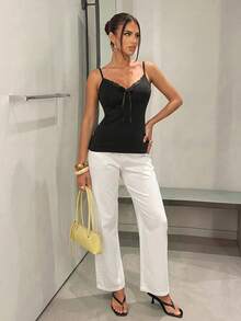 SomedayCozy 1pc Lace Patchwork Women's Base Layer Top,Y2k Summer Tops,Tops For Summer,Corset,Crop Top,Shirt,Summer Outfits,Tank Top,Going Out - Black - View 5