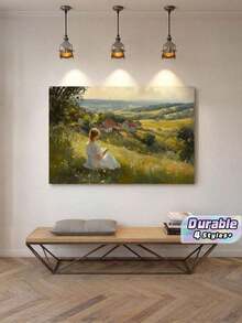 1pc Vintage Canvas Wall Art – Girl Reading In Peaceful Field, Floral Landscape Painting For Living Room Bedroom Dining Room, Unframed - multicolor - View 1