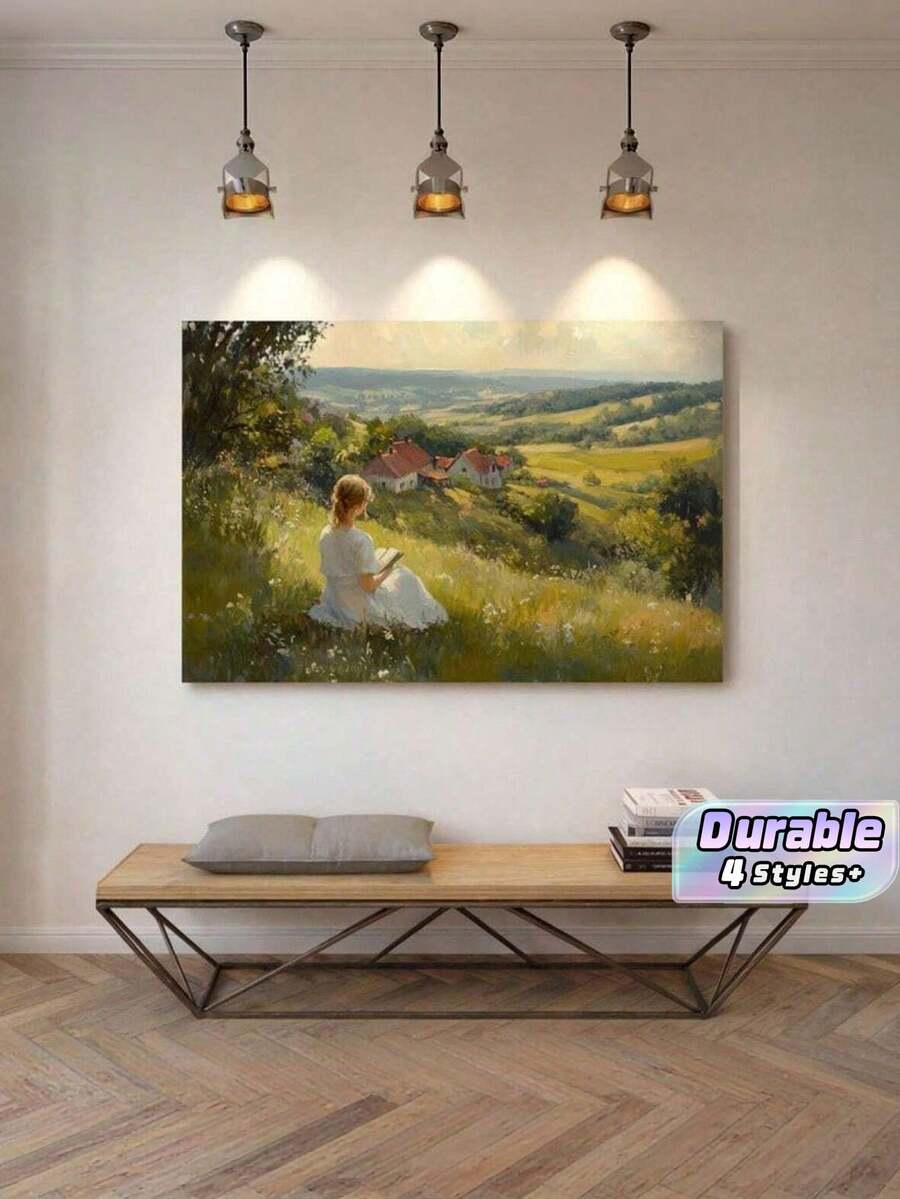 1pc Vintage Canvas Wall Art – Girl Reading In Peaceful Field, Floral Landscape Painting For Living Room Bedroom Dining Room, Unframed - multicolor - View 1