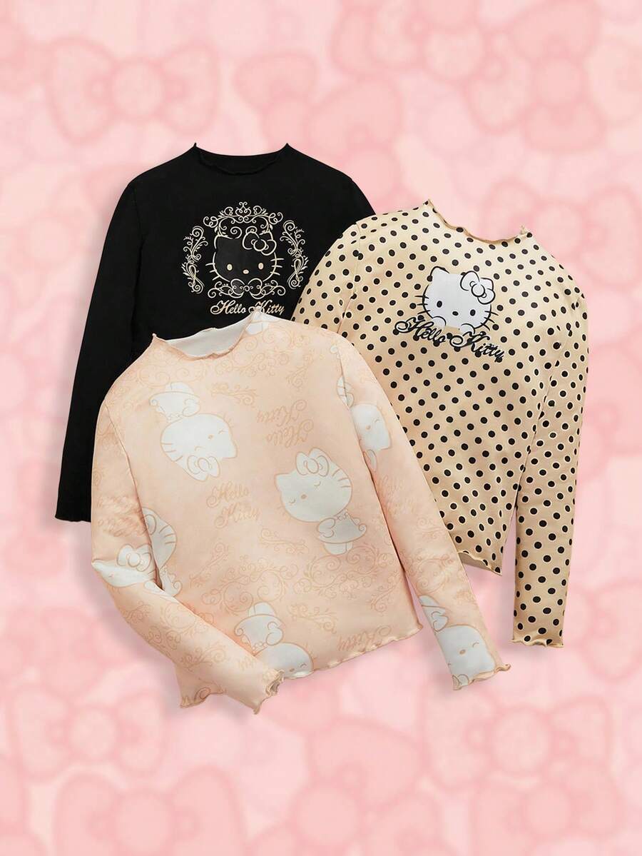 HELLO KITTY AND FRIENDS | SHEIN Tween Girl 3 件装卡通猫咪印花百搭休闲可爱甜美长袖生菜边 T 恤 - 彩色 - 查看 1