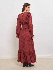 Nöista Chestnut-Red Long-Sleeved Dress, French Retro Elegance . Fall/Winter Dates, Parties, Casual . Elegant Piece For Fall Wardrobe, Back To School - Red - View 3