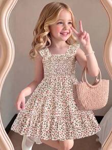 Elladie kids Young Girl's Floral Print Sweet Flutter Sleeve Ruffle Hem Dress, Countryside Girl Style For Daily Wear, School, Picnic - Khaki - View 1