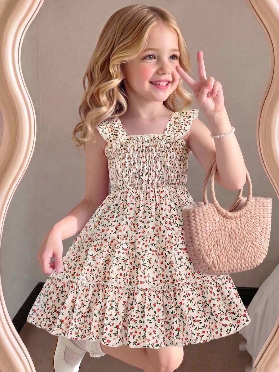 Elladie kids Young Girl's Floral Print Sweet Flutter Sleeve Ruffle Hem Dress, Countryside Girl Style For Daily Wear, School, Picnic - Khaki - View 1
