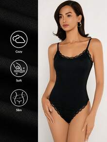 SHEIN BASICS 女款蕾絲拼接修身百搭日常穿著細肩帶背心 - 黑色 - 查看 1