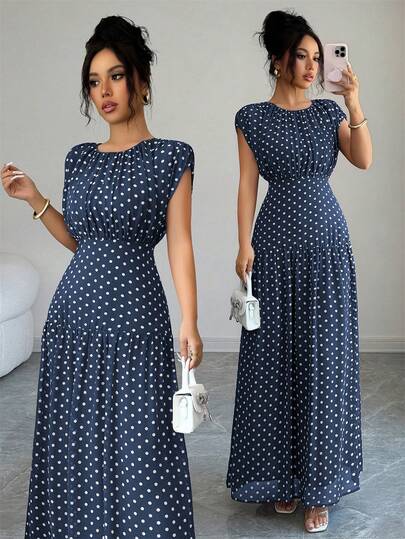 Elenzga Women's Round Neck Voluminous Ruched Lined Vintage Waist Cinched Bodycon A-Line Coffee Brown Romantic Polka Dot Long Dress, Elegant French Vintage Formal Office Commute Business Casual Vacation Afternoon Tea Street Style Minimalist Versatile Old Money Australian Home Leisure Gathering Date Spring Summer New