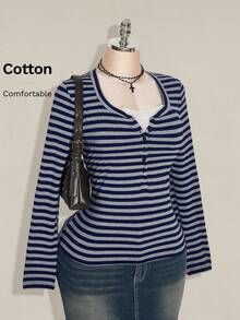 SHEIN ICON Women's Plus Size Autumn/Winter Contrast Lace Black & Grey Striped Slim Fit T-Shirt Fall - Navy Blue - View 1