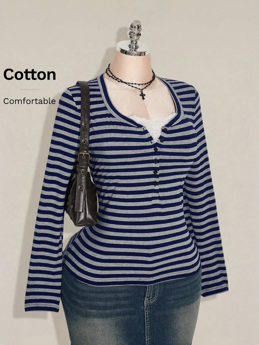 SHEIN ICON Women's Plus Size Autumn/Winter Contrast Lace Black & Grey Striped Slim Fit T-Shirt Fall - Navy Blue - View 1
