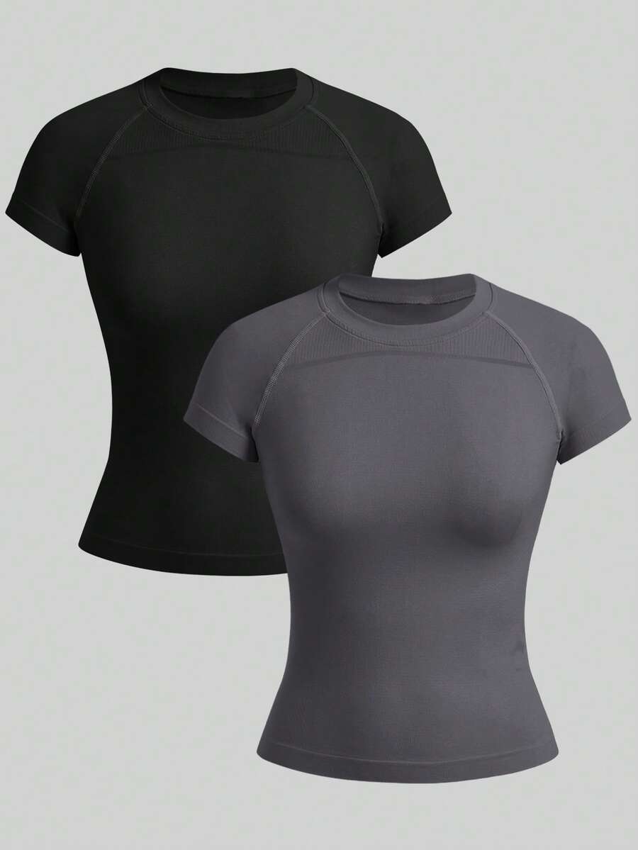 SHEIN Velisys 2件組基本款運動T恤，黑色+深灰色，適合健身/瑜珈 - 彩色 - 查看 1