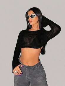 SHEIN ICON Spring Black Solid Crop Top Without Bra - Black - View 3
