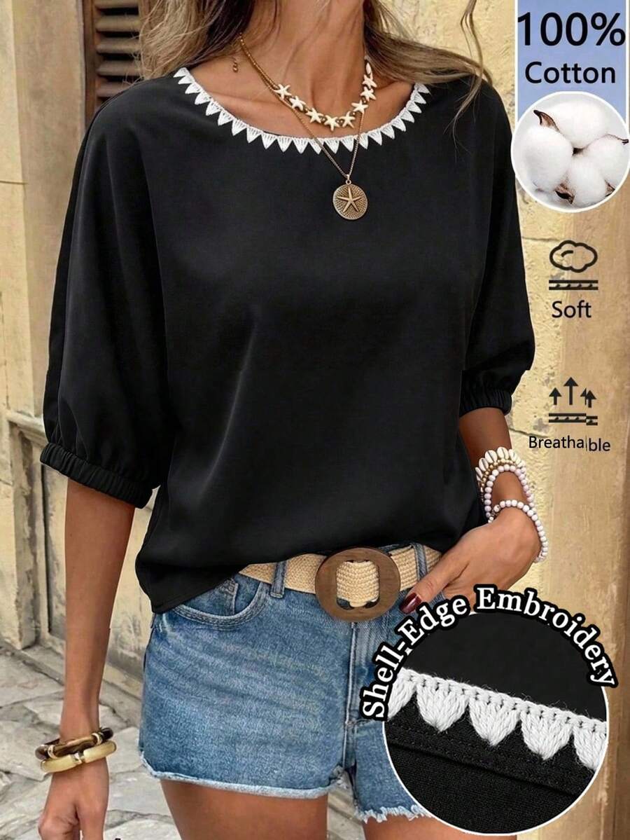 SHEIN LUNE 女款純棉貝殼蕾絲刺繡 3/4 袖黑色襯衫 - 黑色 - 查看 1