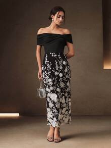 Anewsta Women's Elegant Mid-Length 3D Embroidered Off-Shoulder Dress, Black And White Cocktail Dress For Party, Wedding Guest Wear - Black - View 6