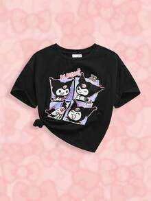 HELLO KITTY AND FRIENDS | SHEIN 年轻女孩卡通  印花黑色休闲百搭短袖 T 恤，夏季图案 T 恤 - 黑色 - 查看 1