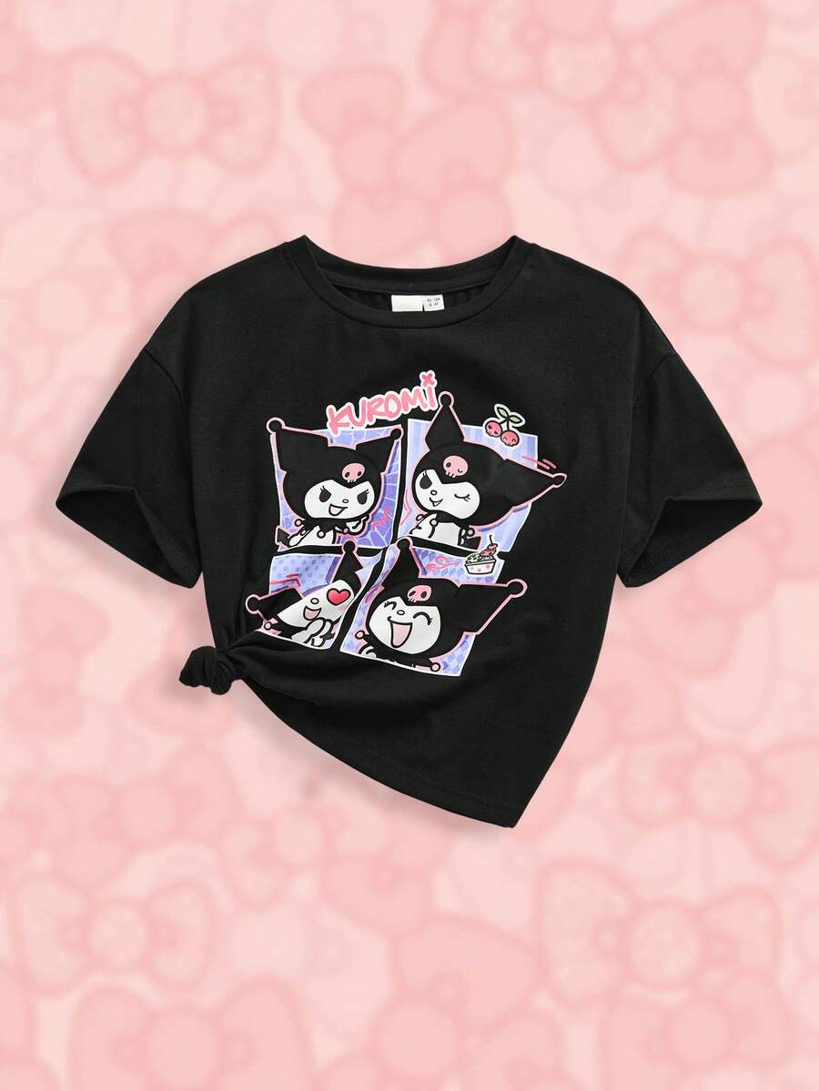 HELLO KITTY AND FRIENDS | SHEIN 年轻女孩卡通 印花黑色休闲百搭短袖 T 恤,夏季图案 T 恤 - 黑色 - 查看 1