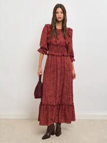 Nöista Chestnut-Red Long-Sleeved Dress, French Retro Elegance . Fall/Winter Dates, Parties, Casual . Elegant Piece For Fall Wardrobe, Back To School - Red - View 1