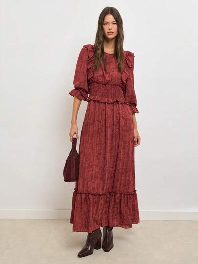 Nöista Chestnut-Red Long-Sleeved Dress, French Retro Elegance . Fall/Winter Dates, Parties, Casual . Elegant Piece For Fall Wardrobe, Back To School