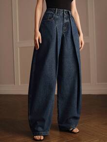 Anewsta Women's Autumn/Winter Modern Retro High-Waist Double Pleated Hip-Flattering Slimming Curved Floor-Length Jeans In Deep Blue Washed - Blue - View 6