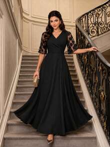 SHEIN Lady CURVE Plus Size Solid Color V-Neck Mesh Patchwork Elegant Dress Black Dress Formal Dress Elegant Dresses For Women Festival Outfits Summer - Black - View 6
