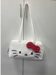 HELLO KITTY AND FRIENDS | SHEIN Tas Bahu Poliester Motif Kucing Lucu dengan Dekorasi Pita 3D, Tas Jinjing Ringan & Luas dengan Resleting untuk Bepergian, Perjalanan & Penggunaan Kasual Sehari-hari - Busur merah - View 10
