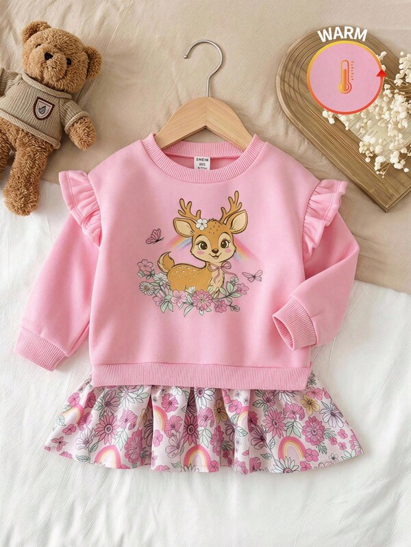 SHEIN Baby Girl Knitted Cute Deer Pattern Ruffle Hem Patchwork Floral Casual Dress